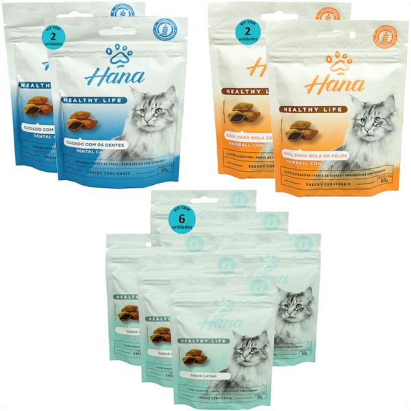 Kit 2 Snacks Hana Life Dental Care + 2 Hairball Control + 6 Cat Sensations